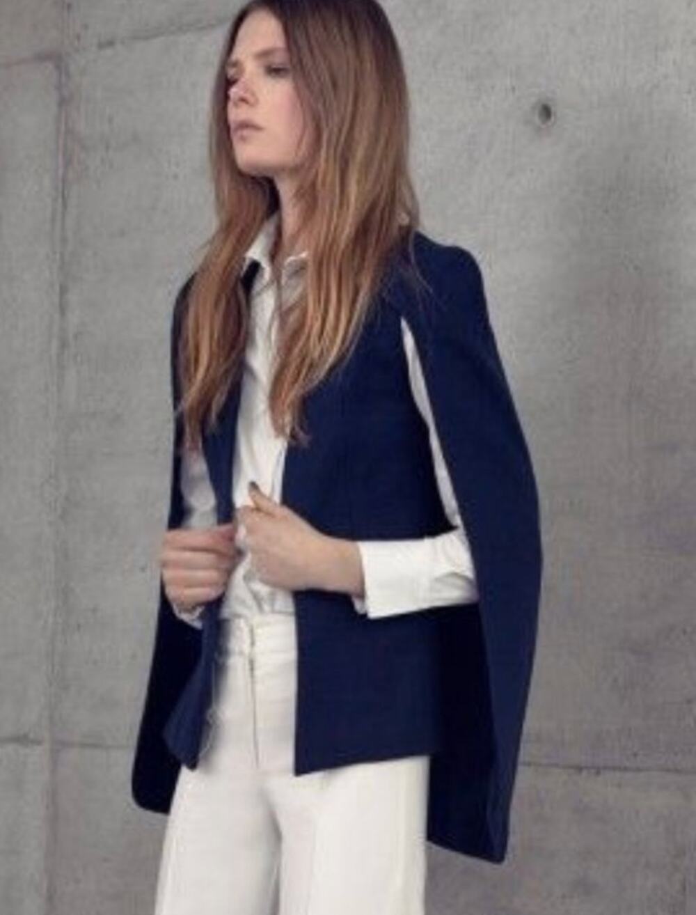Alexis Cape Jacket Large Lenore Cape Blazer Wool in Blue Dressy Office Corp Work